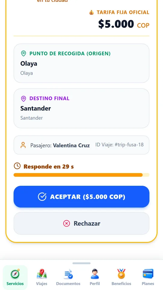 Pantalla del conductor: solicitud de viaje con la tarifa fija y el botón Aceptar