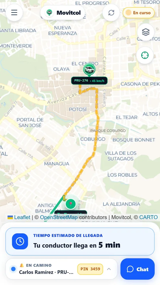 Pantalla de la app: tu conductor llega en 5 minutos, con su ruta en el mapa